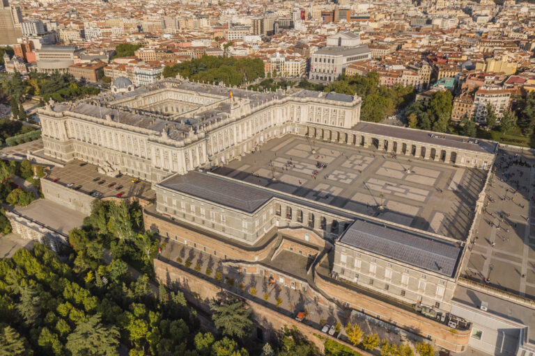 Royal Palace of Madrid at sunny day, aerial view